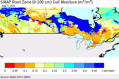 Canada SMAP Root Zone (0-100 cm) Soil Moisture (m³/m³) Thematic Map For 8/1/2021 - 8/5/2021