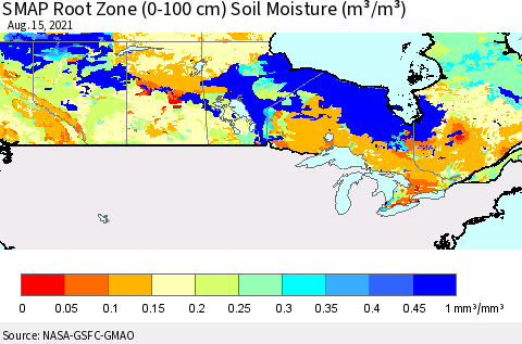 Canada SMAP Root Zone (0-100 cm) Soil Moisture (m³/m³) Thematic Map For 8/11/2021 - 8/15/2021