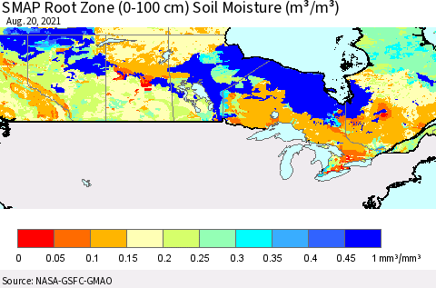 Canada SMAP Root Zone (0-100 cm) Soil Moisture (m³/m³) Thematic Map For 8/16/2021 - 8/20/2021
