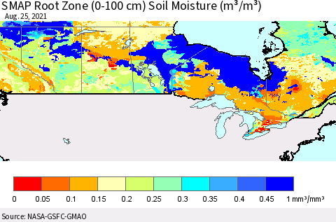 Canada SMAP Root Zone (0-100 cm) Soil Moisture (m³/m³) Thematic Map For 8/21/2021 - 8/25/2021