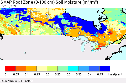 Canada SMAP Root Zone (0-100 cm) Soil Moisture (m³/m³) Thematic Map For 9/1/2021 - 9/5/2021