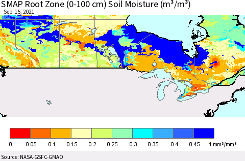 Canada SMAP Root Zone (0-100 cm) Soil Moisture (m³/m³) Thematic Map For 9/11/2021 - 9/15/2021