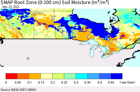 Canada SMAP Root Zone (0-100 cm) Soil Moisture (m³/m³) Thematic Map For 9/21/2021 - 9/25/2021