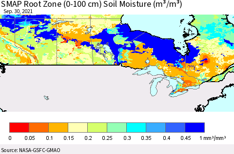 Canada SMAP Root Zone (0-100 cm) Soil Moisture (m³/m³) Thematic Map For 9/26/2021 - 9/30/2021