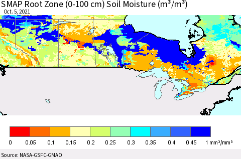 Canada SMAP Root Zone (0-100 cm) Soil Moisture (m³/m³) Thematic Map For 10/1/2021 - 10/5/2021