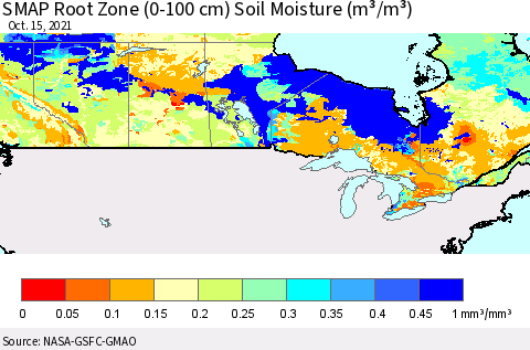 Canada SMAP Root Zone (0-100 cm) Soil Moisture (m³/m³) Thematic Map For 10/11/2021 - 10/15/2021
