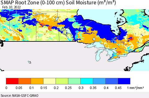 Canada SMAP Root Zone (0-100 cm) Soil Moisture (m³/m³) Thematic Map For 2/6/2022 - 2/10/2022