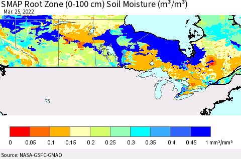 Canada SMAP Root Zone (0-100 cm) Soil Moisture (m³/m³) Thematic Map For 3/21/2022 - 3/25/2022