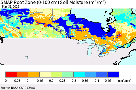 Canada SMAP Root Zone (0-100 cm) Soil Moisture (m³/m³) Thematic Map For 3/26/2022 - 3/31/2022