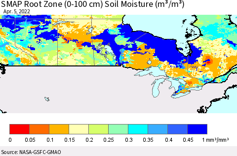 Canada SMAP Root Zone (0-100 cm) Soil Moisture (m³/m³) Thematic Map For 4/1/2022 - 4/5/2022