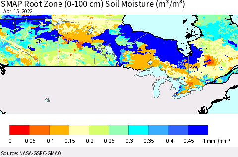 Canada SMAP Root Zone (0-100 cm) Soil Moisture (m³/m³) Thematic Map For 4/11/2022 - 4/15/2022