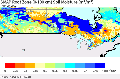 Canada SMAP Root Zone (0-100 cm) Soil Moisture (m³/m³) Thematic Map For 4/16/2022 - 4/20/2022