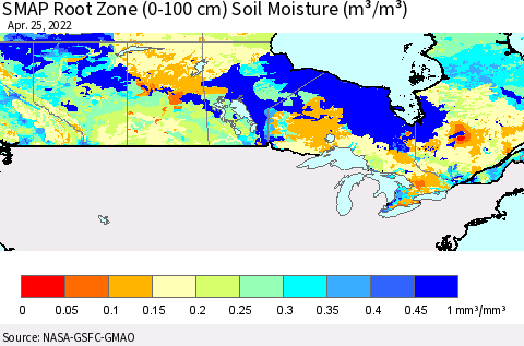 Canada SMAP Root Zone (0-100 cm) Soil Moisture (m³/m³) Thematic Map For 4/21/2022 - 4/25/2022