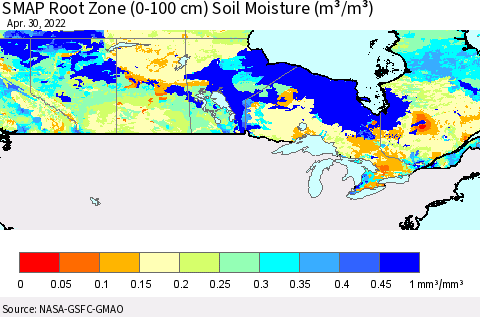Canada SMAP Root Zone (0-100 cm) Soil Moisture (m³/m³) Thematic Map For 4/26/2022 - 4/30/2022