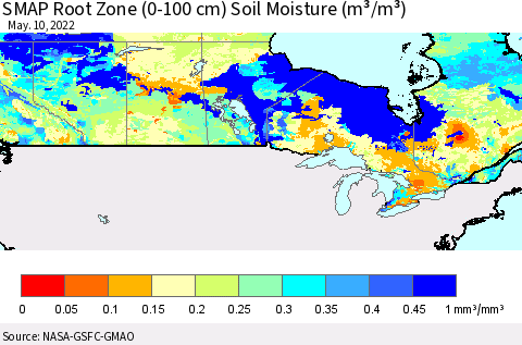Canada SMAP Root Zone (0-100 cm) Soil Moisture (m³/m³) Thematic Map For 5/6/2022 - 5/10/2022
