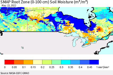 Canada SMAP Root Zone (0-100 cm) Soil Moisture (m³/m³) Thematic Map For 5/11/2022 - 5/15/2022