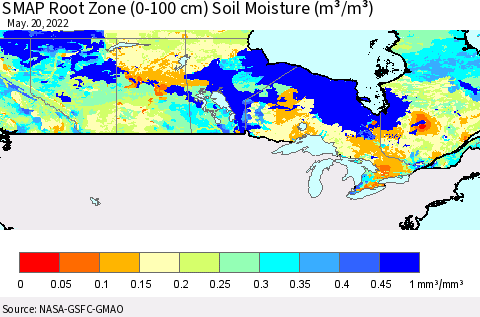 Canada SMAP Root Zone (0-100 cm) Soil Moisture (m³/m³) Thematic Map For 5/16/2022 - 5/20/2022