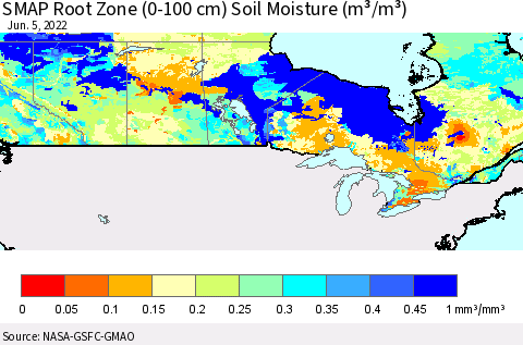 Canada SMAP Root Zone (0-100 cm) Soil Moisture (m³/m³) Thematic Map For 6/1/2022 - 6/5/2022