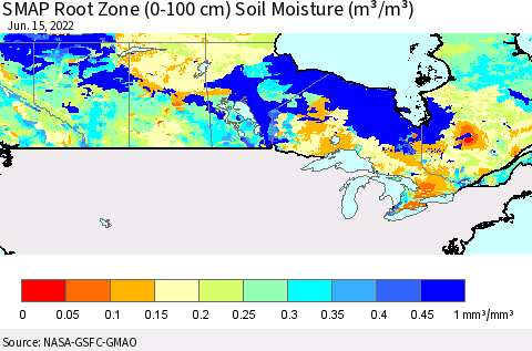Canada SMAP Root Zone (0-100 cm) Soil Moisture (m³/m³) Thematic Map For 6/11/2022 - 6/15/2022