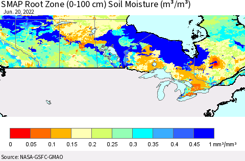 Canada SMAP Root Zone (0-100 cm) Soil Moisture (m³/m³) Thematic Map For 6/16/2022 - 6/20/2022