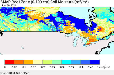 Canada SMAP Root Zone (0-100 cm) Soil Moisture (m³/m³) Thematic Map For 6/26/2022 - 6/30/2022