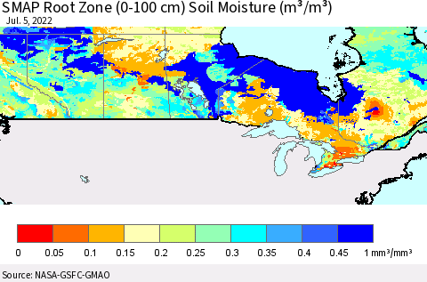 Canada SMAP Root Zone (0-100 cm) Soil Moisture (m³/m³) Thematic Map For 7/1/2022 - 7/5/2022