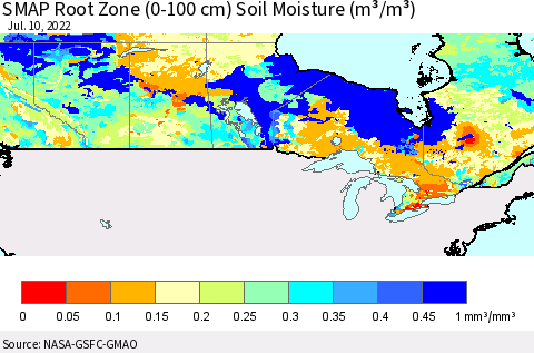 Canada SMAP Root Zone (0-100 cm) Soil Moisture (m³/m³) Thematic Map For 7/6/2022 - 7/10/2022