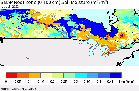 Canada SMAP Root Zone (0-100 cm) Soil Moisture (m³/m³) Thematic Map For 7/11/2022 - 7/15/2022