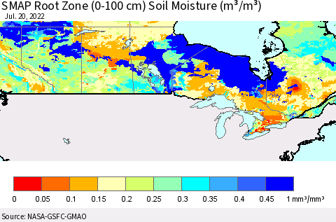 Canada SMAP Root Zone (0-100 cm) Soil Moisture (m³/m³) Thematic Map For 7/16/2022 - 7/20/2022