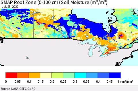 Canada SMAP Root Zone (0-100 cm) Soil Moisture (m³/m³) Thematic Map For 7/21/2022 - 7/25/2022