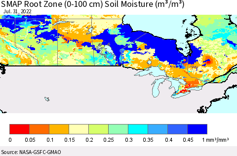 Canada SMAP Root Zone (0-100 cm) Soil Moisture (m³/m³) Thematic Map For 7/26/2022 - 7/31/2022