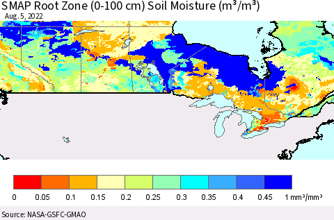 Canada SMAP Root Zone (0-100 cm) Soil Moisture (m³/m³) Thematic Map For 8/1/2022 - 8/5/2022