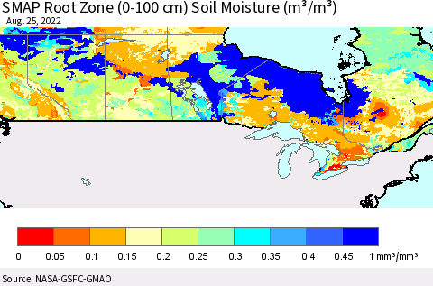 Canada SMAP Root Zone (0-100 cm) Soil Moisture (m³/m³) Thematic Map For 8/21/2022 - 8/25/2022