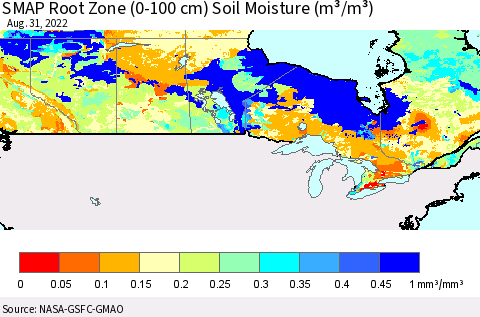 Canada SMAP Root Zone (0-100 cm) Soil Moisture (m³/m³) Thematic Map For 8/26/2022 - 8/31/2022