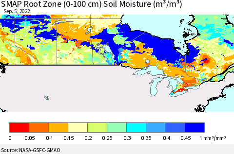 Canada SMAP Root Zone (0-100 cm) Soil Moisture (m³/m³) Thematic Map For 9/1/2022 - 9/5/2022
