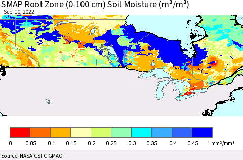 Canada SMAP Root Zone (0-100 cm) Soil Moisture (m³/m³) Thematic Map For 9/6/2022 - 9/10/2022
