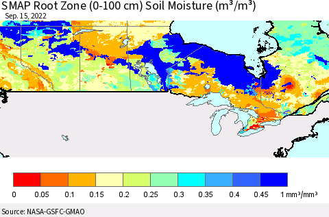 Canada SMAP Root Zone (0-100 cm) Soil Moisture (m³/m³) Thematic Map For 9/11/2022 - 9/15/2022