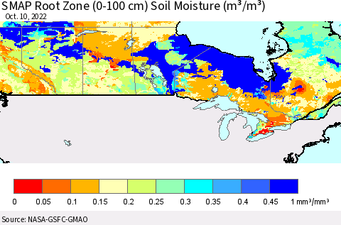Canada SMAP Root Zone (0-100 cm) Soil Moisture (m³/m³) Thematic Map For 10/6/2022 - 10/10/2022