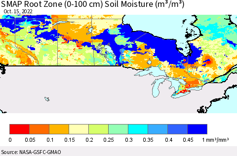 Canada SMAP Root Zone (0-100 cm) Soil Moisture (m³/m³) Thematic Map For 10/11/2022 - 10/15/2022