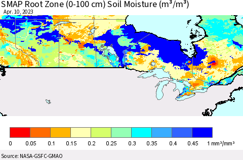 Canada SMAP Root Zone (0-100 cm) Soil Moisture (m³/m³) Thematic Map For 4/6/2023 - 4/10/2023