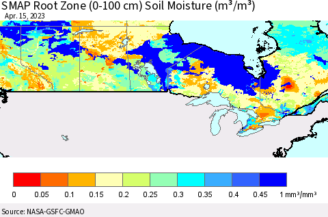 Canada SMAP Root Zone (0-100 cm) Soil Moisture (m³/m³) Thematic Map For 4/11/2023 - 4/15/2023