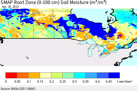 Canada SMAP Root Zone (0-100 cm) Soil Moisture (m³/m³) Thematic Map For 4/16/2023 - 4/20/2023