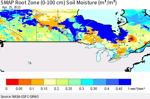 Canada SMAP Root Zone (0-100 cm) Soil Moisture (m³/m³) Thematic Map For 4/21/2023 - 4/25/2023