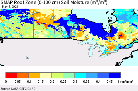 Canada SMAP Root Zone (0-100 cm) Soil Moisture (m³/m³) Thematic Map For 5/1/2023 - 5/5/2023
