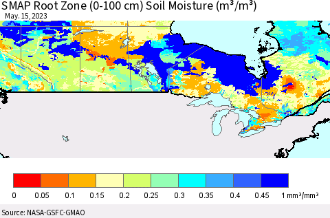 Canada SMAP Root Zone (0-100 cm) Soil Moisture (m³/m³) Thematic Map For 5/11/2023 - 5/15/2023