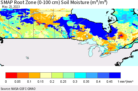 Canada SMAP Root Zone (0-100 cm) Soil Moisture (m³/m³) Thematic Map For 5/21/2023 - 5/25/2023