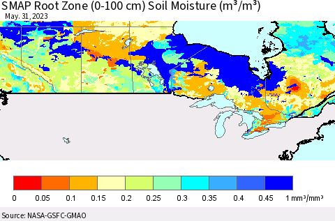 Canada SMAP Root Zone (0-100 cm) Soil Moisture (m³/m³) Thematic Map For 5/26/2023 - 5/31/2023