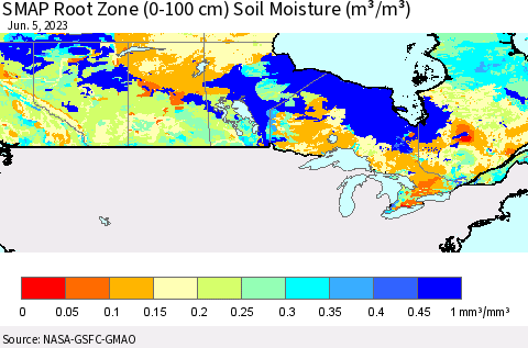 Canada SMAP Root Zone (0-100 cm) Soil Moisture (m³/m³) Thematic Map For 6/1/2023 - 6/5/2023