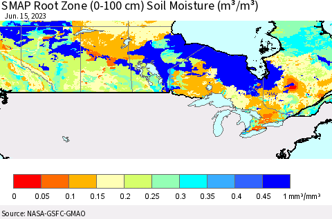 Canada SMAP Root Zone (0-100 cm) Soil Moisture (m³/m³) Thematic Map For 6/11/2023 - 6/15/2023