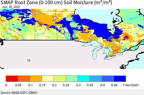 Canada SMAP Root Zone (0-100 cm) Soil Moisture (m³/m³) Thematic Map For 6/26/2023 - 6/30/2023